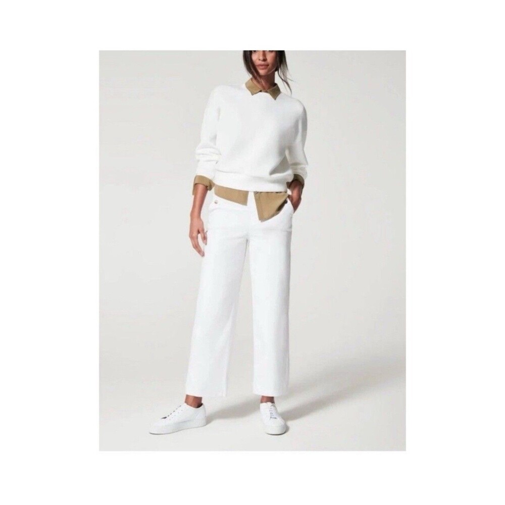 SPANX Stretch Twill Wide Leg Crop Pants White NWT Size M Tummy Control
